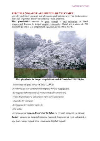 EFECTELE NEGATIVE ALE ERUPȚIILOR VULCANICE
-pierderea de vieți omenești mai ales acolo unde găsim curgeri de lavă cu viteze
mari sau se produc fluxuri piroclastice ( nori arzători) .
Flux piroclastic= amestec de gaze, cenușă și roci vulcanice de înaltă
temperatură formate în timpul erupției vulcanului. Fluxul are o viteză de 700
kilometri pe oră și la o temperatură a gazului, de la 100 la 800°C.
Flux piroclastic in timpul erupției vulcanului Pinatubo,1991,Filipine
-intoxicarea cu gaze toxice ( CO2,SO2,HCl)
-pierderea caselor oamenilor si migrația forțată ( refugiații)
-distrugerea infratructurii de transport si telecomunicații
-riscul de prabușire a avioanelor care survolează zona
--incendii de vegetație
-distrugerea terenurilor agricole
-ploi acide
-provocarea de curgeri de noroi de tip lahar pe versanți acoperiti cu zapadă
Lahar= curgere de material vulcanic ( cenușă, fragmente de rocă vulcanică si
apa ) care curge repede si se cimentează la fel de repede.
 