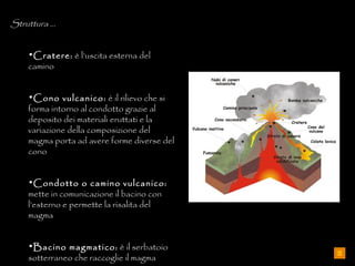 Struttura … Cratere:  è l’uscita esterna del camino Cono vulcanico:  è il rilievo che si forma intorno al condotto grazie al deposito dei materiali eruttati e la variazione della composizione del magma porta ad avere forme diverse del cono Condotto o camino vulcanico:  mette in comunicazione il bacino con l’esterno e permette la risalita del magma Bacino magmatico:  è il serbatoio sotterraneo che raccoglie il magma  