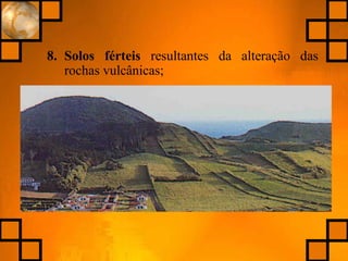 8. Solos férteis resultantes da alteração das
rochas vulcânicas;
 