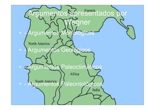 Argumentos apresentados por
            Wegner
• - Argumentos Morfológicos

• - Argumentos Geológicos

• - Argumentos Paleoclimáticos

• - Argumentos Paleontológicos
 