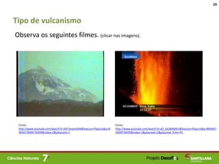Tipo de vulcanismo
29
Observa os seguintes filmes. (clicar nas imagens).
Fonte:
http://www.youtube.com/watch?v=JkX7qvpm0JM&feature=PlayList&p=B
904A7390AF76949&index=0&playnext=1
Fonte:
http://www.youtube.com/watch?v=aO_Qs3BAMKU&feature=PlayList&p=B904A7
390AF76949&index=1&playnext=2&playnext_from=PL
 