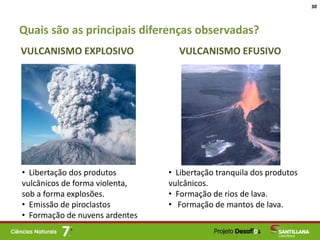 Quais são as principais diferenças observadas?
30
• Libertação dos produtos
vulcânicos de forma violenta,
sob a forma explosões.
• Emissão de piroclastos
• Formação de nuvens ardentes
• Libertação tranquila dos produtos
vulcânicos.
• Formação de rios de lava.
• Formação de mantos de lava.
VULCANISMO EXPLOSIVO VULCANISMO EFUSIVO
 