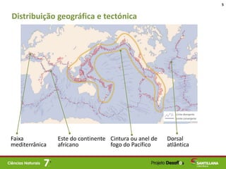 Distribuição geográfica e tectónica
5
Cintura ou anel de
fogo do Pacífico
Faixa
mediterrânica
Dorsal
atlântica
Este do continente
africano
 