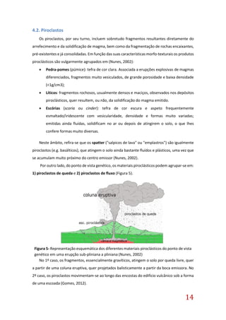 14
4.2. Piroclastos
Os piroclastos, por seu turno, incluem sobretudo fragmentos resultantes diretamente do
arrefecimento e da solidificação de magma, bem como da fragmentação de rochas encaixantes,
pré-existentes e já consolidadas. Em função das suas características morfo-texturais os produtos
piroclásticos são vulgarmente agrupados em (Nunes, 2002):
 Pedra-pomes (púmice): tefra de cor clara. Associada a erupções explosivas de magmas
diferenciados, fragmentos muito vesiculados, de grande porosidade e baixa densidade
(<1g/cm3);
 Líticos: fragmentos rochosos, usualmente densos e maciços, observados nos depósitos
piroclásticos, quer resultem, ou não, da solidificação do magma emitido.
 Escórias (scoria ou cinder): tefra de cor escura e aspeto frequentemente
esmaltado/iridescente com vesicularidade, densidade e formas muito variadas;
emitidas ainda fluídas, solidificam no ar ou depois de atingirem o solo, o que lhes
confere formas muito diversas.
Neste âmbito, refira-se que os spatter ("salpicos de lava" ou "emplastros") são igualmente
piroclastos (e.g. basálticos), que atingem o solo ainda bastante fluídos e plásticos, uma vez que
se acumulam muito próximo do centro emissor (Nunes, 2002).
Por outro lado, do ponto de vista genético, os materiais piroclásticos podem agrupar-se em:
1) piroclastos de queda e 2) piroclastos de fluxo (Figura 5).
No 1º caso, os fragmentos, essencialmente gravíticos, atingem o solo por queda livre, quer
a partir de uma coluna eruptiva, quer projetados balisticamente a partir da boca emissora. No
2º caso, os piroclastos movimentam-se ao longo das encostas do edifício vulcânico sob a forma
de uma escoada (Gomes, 2012).
Figura 5- Representação esquemática dos diferentes materiais piroclásticos do ponto de vista
genético em uma erupção sub-pliniana a pliniana (Nunes, 2002)
 
