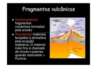 Fragmentos vulcânicos
Fragmentos vulcânicos
 Vulcanoclastos:
fragmentos
vulcânicos formados
pela erosão
 Piroclastos: materiais
lançados à atmosfera
pela erupção
explosiva. O material
mais fino é chamado
de cinzas e poeiras,
quando vesiculado =
Pumice.
 