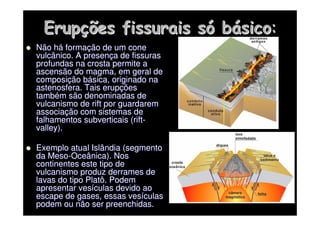 Erup
Erupç
ções fissurais s
ões fissurais só
ó b
bá
ásico
sico:
:

 Não h
Não há
á forma
formaç
ção de um cone
ão de um cone
vulcânico. A presen
vulcânico. A presenç
ça de fissuras
a de fissuras
profundas na crosta permite a
profundas na crosta permite a
ascensão do magma, em geral de
ascensão do magma, em geral de
composi
composiç
ção b
ão bá
ásica, originado na
sica, originado na
astenosfera
astenosfera. Tais erup
. Tais erupç
ções
ões
tamb
també
ém são denominadas de
m são denominadas de
vulcanismo de
vulcanismo de rift
rift por guardarem
por guardarem
associa
associaç
ção com sistemas de
ão com sistemas de
falhamentos
falhamentos subverticais
subverticais (
(rift
rift-
-
valley
valley).
).

 Exemplo atual Islândia (segmento
Exemplo atual Islândia (segmento
da Meso
da Meso-
-Oceânica). Nos
Oceânica). Nos
continentes este tipo de
continentes este tipo de
vulcanismo produz derrames de
vulcanismo produz derrames de
lavas do tipo Platô. Podem
lavas do tipo Platô. Podem
apresentar ves
apresentar vesí
ículas devido ao
culas devido ao
escape de gases, essas ves
escape de gases, essas vesí
ículas
culas
podem ou não ser preenchidas.
podem ou não ser preenchidas.
 