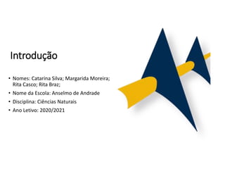 Introdução
• Nomes: Catarina Silva; Margarida Moreira;
Rita Casco; Rita Braz;
• Nome da Escola: Anselmo de Andrade
• Disciplina: Ciências Naturais
• Ano Letivo: 2020/2021
 