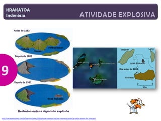 KRAKATOA
Indonésia

Antes de 1883

Rakata

Perboewatan
Danan

Depois de 1883

Ilha antes de 1883

Depois de 1927
Km

Anak Krakatoa

Krakatoa antes e depois da explosão
http://volcanodiscovery.com/pt/krakatau/news/15009/Anak-Krakatau-volcano-Indonesia-update-eruption-pauses-for-now.html

 