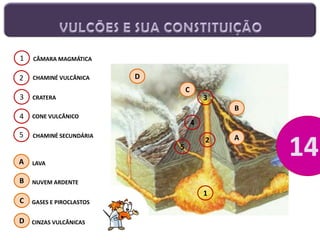 1

CÂMARA MAGMÁTICA

2

CHAMINÉ VULCÂNICA

3

D

C
3

CRATERA

B
4

CONE VULCÂNICO

5

CHAMINÉ SECUNDÁRIA

4
5

A

LAVA

B

2

NUVEM ARDENTE

1

C

GASES E PIROCLASTOS

D

CINZAS VULCÂNICAS

A

 