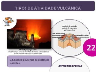 Ausência de projeção
violenta de materiais a
partir da cratera
Lavas muito fluidas
(formando grandes
escoadas de lava)

Cone vulcânico baixo
com vertentes suaves

Monte Nyiragongo – África
Em 2002 lançou cerca de 14 milhões de metros cúbicos de lava
que fluiram em direcção à cidade de Goma.

5.2. Explica a ausência de explosões
violentas.

ATIVIDADE EFUSIVA

 