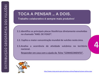 TOCA A PENSAR … A DOIS.
Trabalho colaborativo é sempre mais produtivo!

2.1.Identifica as principais placas litosféricas diretamente envolvidas
no chamado “ANEL DE FOGO”.

2.2. Explica a maior concentração mundial de vulcões nesta área.
2.3.Analisa a ocorrência de atividade vulcânica no território
nacional.

Responder em casa com a ajuda da ficha “CONHECIMENTO”.

http://www.cvarg.azores.gov.pt/vulcoes-activos/Paginas/vulcoes-activos.aspx

 