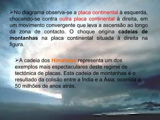 A cadeia dos  Himalaias   representa um dos exemplos mais espectaculares deste regime de tectónica de placas. Esta cadeia de montanhas é o resultado da colisão entre a Índia e a Ásia, ocorrida a 50 milhões de anos atrás.  No diagrama observa-se a  placa continental  à esquerda, chocando-se contra  outra placa continental  à direita, em um movimento convergente que leva a ascensão ao longo da zona de contacto. O choque origina  cadeias de montanhas  na placa continental situada à direita na figura.  