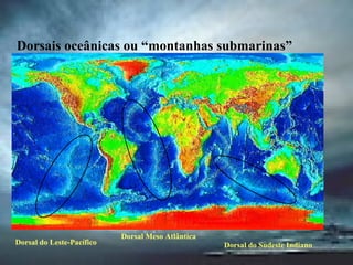 Dorsal do Leste-Pacífico Dorsal Meso Atlântica Dorsal do Sudeste Indiano Dorsais oceânicas ou “montanhas submarinas” 