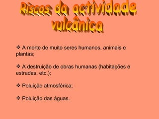 Riscos da actividade vulcânica A morte de muito seres humanos, animais e plantas; A destruição de obras humanas (habitações e estradas, etc.); Poluição atmosférica; Poluição das águas. 