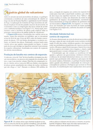 1 581 Para Entender a Terra

i'f"rjrr;}Xm'adrãoglobal do vulcanismo
Antes do advento da teoria da tectônica de placas, os geólogos
constataram a existência de uma concentração de vulcões ao
longo da orla do Oceano Pacífico e apelidaram-na de Cinturão
de Fogo. A explicação do Cinturão de Fogo em termos da sub-
ducção de placas foi um dos grandes sucessos da nova teoria. Já
examinamos como as composições das lavas variam de acordo
com o ambiente tectônico (ver Figura 5.11). Nesta seção, mos-
traremos como a tectônica de placas pode explicar todas as
principais características do padrão global do vulcanismo.
A Figura 6.18 mostra a localização dos vulcões ativos no
mundo, sejam eles terrestres ou marinhos, que se encontram
acima do nível do mar. Cerca de 80% estão em limites conver-
gentes de placas, 15% em limites divergentes e os poucos res-
tantes, no interior das placas. Entretanto, existem muito mais
vulcões ativos que aqueles representados na figura. A maior
parte da lava que irrompe na superfície terrestre é proveniente
de erupções submarinas, localizadas nos centros de expansão
das dorsais mesoceânicas.
Produção de basalto nos centros de expansão
A cada ano, cerca de 3 km" de lava basáltica irrompem nas dor-
sais mesoceânicas, no processo de expansão do assoalho oceâ-
nico, o que é um enorme volume. Para fins de comparação, to-
dos os vulcões ativos (cerca de 400) nos limites convergentes
de placas geram anualmente um volume de rochas vulcânicas
que não chega a 1 km'. Durante os últimos 200 milhões de
Figura 6.18 Os vulcões ativos cujas chaminés localizam-se em
terra ou acima do nível do mar (pontos vermelhos). Cerca de 80'10
encontram-se em limites de placas convergentes, 15% em locais
anos, a erupção de magmas nos centros de expansão foisufi·
ciente para criar todo o atual fundo oceânico, que cobrecerCô
de dois terços da superfície terrestre. Essa "fábrica", onder
crosta oceânica é criada, tem dimensões da ordem de pOUCO
quilômetros de largura e de profundidade, estendendo-sedf
forma intermitente ao longo de milhares de quilômetros dador·
sal mesoceânica (Figura 6.19). Os magmas e as rochas vulcâ-
nicas são formados por meio da fusão do manto peridotítico
causada por descompressão, conforme discutido no Capítuloi
(ver Figura 5.13).
Atividade hidrotermal nos
centros de expansão
As fissuras distensionais na crista da dorsal mesoceânica permi·
tem que a água do mar circule pela crosta oceânica recém-fc
mada. O calor das rochas vulcânicas quentes e dos magmasque
estão nas profundezas propulsiona um vigoroso processo con·
vectivo. Ele puxa a água fria do mar para o interior da crosta,on·
de ela se aquece em contato com o magma, e, depois, expelei
água quente para o oceano sobrejacente (ver Figura 5.l5).
Considerando que são comuns as ocorrências de foms
quentes e gêiseres em geossistemas vulcânicos terrestres,ai
evidências de atividade hidrotermal intensa em centros deex·
pansão (que geralmente estão submersos pela água) não deve·
ria causar surpresa. Entretanto, os geólogos ficaram impressio
nados quando descobriram a intensidade da convecção e ai
conseqüências químicas e biológicas que ocorrem na Terrapor
sua causa. As manifestações mais espetaculares desse processo
Placa ,AntárJ;ica
onde as placas se afastam uma da outra e o restante, em pontos
quentes intraplacas. Neste mapa não estão representados os
inúmeros vulcões axiais da dorsal mesoceânica.
 