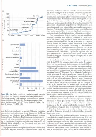 (a)
.~ 300
~•..
: 250~~ Pelado 1902 <,
E._~ 200
~ ~ Krakatoa 1883
~'""ll.s:
150 Tambora 1815o::
"ll E
-"! E, 111 100 Unzen 1792,,---
E~
, Kelut 1586 laki 1783 ___
u
50~ -,iõ•..
~ O
O 1500 1600 1700 1800 1900 2000
(b)
Desconhecida
Raio
Sismicidade
Inundação
Avalancha de detritos
~o
Gás•..
:.õ
'o
~ lava"ll
~~~ Tsunâmi,~
U Indireto (fome
epidêmica, etc.)
Fluxo de lama (indireto)
Fluxo de lama (direto)
Derrame/onda
piroclástica
Tefra
O 5 10 15 20 25 30
Percentual
Figura6.24 (a) Dados estatísticos cumulativos desde o ano de
1500d.e. As sete maiores erupções registradas, cada uma com
10milvítimas ou mais, estão indicadas e respondem por mais de
doisterços do total de óbitos. (b) Causa das mortes devido a
vulcõesdesde o ano de 1500 d.e. [Fonte: Simkin, T.,Siebert, L.e
Blong,R.Science, 291: 255, 2001]
porte.De forma semelhante, no ano de 2002, uma equipe de
cientistasinternacionais emitiu alertas da erupção do Monte
Nyiragongo, um vulcão no leste do Rifte Africano, perto de
Goma,no Congo (Kinshasa). Infelizmente, as instâncias gover-
namentaisnão estavam em funcionamento no local e o alerta
nãofoi considerado. O sofrimento foi grande para os 400 mil
habitantes desse país pobre, que fugiram de seus lares sem
orientaçãoou preparação.
Os progressos da vulcanologia permitem-nos identificar os
vulcõesmais perigosos do mundo e caracterizar seus riscos po-
CAPíTULO 6. Vulcanismo 1165
tenciais a partir dos depósitos formados em erupções anterio-
res. Essas avaliações de risco poderão ser utilizadas como dire-
trizes para o zoneamento e restrição do uso do solo - que é a
medida mais efetiva para reduzir o número de vítimas. O moni-
toramento por meio de instrumentos (ver Reportagem 6.1) é ca-
paz de detectar sinais como terremotos, inchaços do vulcão e
emissões gasosas, que são alertas de erupções iminentes. As
pessoas em situação de risco poderão ser retiradas da área se as
autoridades estiverem organizadas e preparadas para essas si-
tuações. As erupções vulcânicas não podem ser evitadas, mas
seus efeitos catastróficos podem ser significativamente reduzi-
dos se a ciência for aliada às políticas públicas progressistas .
Com o crescimento do tráfego aéreo, um risco vulcânico
que vem chamando mais atenção é o encontro de cinzas vulcâ-
nicas lançadas por erupções que se situam nas rotas aéreas com
jatos de passageiros comerciais. De acordo com o U. S. Geo-
logical Survey, nos últimos 2S anos, mais de 60 aviões foram
danificados por tais acidentes. Um Boeing 747 perdeu tempo-
rariamente todos os seus quatro motores quando a cinza de um
vulcão em erupção no Alasca foi sugada pelos mesmos, provo-
cando incêndios. Felizmente, o piloto foi capaz de fazer um
pouso de emergência. Atualmente, vários países emitem alertas
quando as erupções vulcânicas lançam cinzas próximo às rotas
de tráfego aéreo.
O trabalho dos vulcanólogos é arriscado - 14 perderam a
vida desde 1991. Em um desses casos, uma equipe de vuJcanó-
logos que estava coletando dados na cratera do Vulcão Galeras,
nos Andes colombianos, foi surpreendida por uma erupção pi-
rocástica. Vários membros perderam suas vidas devido às cin-
zas e aos blocos incandescentes que explodiram da cratera. O
professor Stanley Williams, da Universidade do Estado do Ari-
zona, fazia parte da equipe. Atualmente, ele está desenvolven-
do um instrumento que pode analisar os gases vulcânicos da
cratera de um vulcão ativo a uma distância segura e transmitir
as informações para os cientistas. Uma erupção iminente pode-
ria ser prevista a partir dos tipos de gases que são emitidos. A
Associação Internacional de Vulcanologia recomenda que
"... os cientistas aproximem-se de crateras ativas somente quan-
do isso for absolutamente necessário, que grupos grandes evi-
tem áreas de risco e que todos usem capacetes e trajes de prote-
ção". Poderiam esses geólogos ter evitado as trágicas perdas de
vidas seguindo essas recomendações?
As erupções vulcânicas poderiam ser controladas? Prova-
velmente não, embora em circunstâncias especiais e em peque-
na escala as perdas possam ser reduzidas. Talvez a tentativa
mais bem-sucedida de controlar a atividade vulcânica tenha si-
do aquela da ilha de Heimaey, na Islândia, em janeiro de 1973.
Os islandeses espargiram água do mar na lava em movimento,
resfriando e diminuindo a velocidade do fluxo, o que evitou
que a lava bloqueasse a entrada do porto e impediu a destruição
de algumas casas.
No futuro próximo, a melhor política para a proteção da po-
pulação será o estabelecimento de mais sistemas de alerta e de
evacuação e de restrições mais rigorosas ao povoamento de lo-
cais potencialmente perigosos. Mas mesmo essas precauções
podem ser insuficientes. Vulcões inativos ou extintos há muito
tempo podem voltar repentinamente à atividade - como acon-
teceu com o Vesúvio e o Monte Santa Helena, após centenas de
anos de inatividade. (Alguns vulcões potencialmente perigosos
 