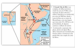 • O Grande Vale do Rift é um
complexo de falhas tectónicas
criado há cerca de 35 Ma com a
separação da placa africana e
arábica. Estende-se no sentido N-S,
por cerca de 5000 km, desde o
norte da Síria até ao centro de
Moçambique, com uma largura
que varia entre 30 e 100 km e, em
profundidade, de algumas
centenas a milhares de metros.
• Continuando a separação das
placas, dentro de alguns Ma, a
África Oriental será inundada pelo
Oceano Índico e formar-se-á uma
grande ilha com a região da costa
de África.
 