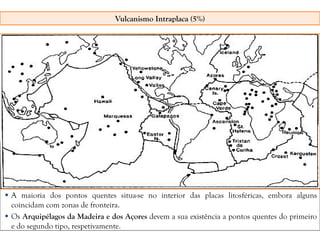 Vulcanismo Intraplaca (5%)
 A maioria dos pontos quentes situa-se no interior das placas litosféricas, embora alguns
coincidam com zonas de fronteira.
 Os Arquipélagos da Madeira e dos Açores devem a sua existência a pontos quentes do primeiro
e do segundo tipo, respetivamente.
 