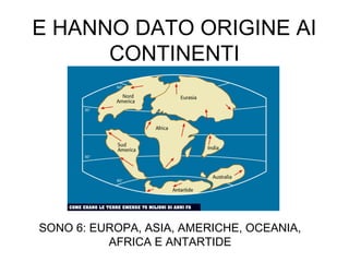 E HANNO DATO ORIGINE AI
CONTINENTI
SONO 6: EUROPA, ASIA, AMERICHE, OCEANIA,
AFRICA E ANTARTIDE
 