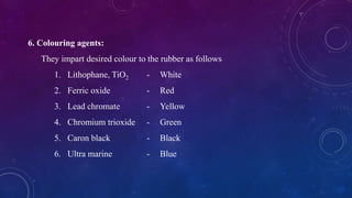 6. Colouring agents:
They impart desired colour to the rubber as follows
1. Lithophane, TiO2 - White
2. Ferric oxide - Red
3. Lead chromate - Yellow
4. Chromium trioxide - Green
5. Caron black - Black
6. Ultra marine - Blue
 