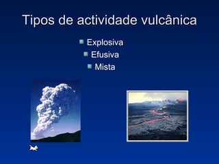 Tipos de actividade vulcânica Explosiva Efusiva Mista 