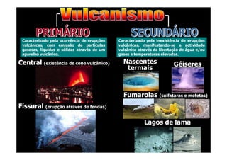 Caracterizado pela ocorrência de erupções
vulcânicas, com emissão de partículas
gasosas, líquidas e sólidas através de um
aparelho vulcânico.

Central (existência de cone vulcânico)

Caracterizado pela inexistência de erupções
vulcânicas, manifestando-se a actividade
vulcânica através da libertação de água e/ou
gases a temperaturas elevadas.

Nascentes
termais

Géiseres

Fumarolas (sulfataras e mofetas)
Fissural (erupção através de fendas)
Lagos de lama

 