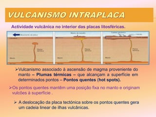 Actividade vulcânica no interior das placas litosféricas.
Vulcanismo associado à ascensão de magma proveniente do
manto – Plumas térmicas – que alcançam a superfície em
determinados pontos – Pontos quentes (hot spots).
Os pontos quentes mantêm uma posição fixa no manto e originam
vulcões à superfície .
 A deslocação da placa tectónica sobre os pontos quentes gera
um cadeia linear de ilhas vulcânicas.
 