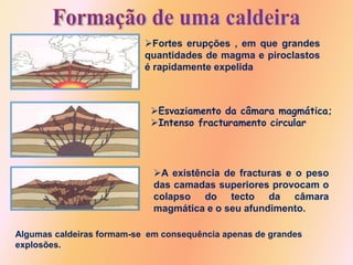 Fortes erupções , em que grandes
quantidades de magma e piroclastos
é rapidamente expelida
Esvaziamento da câmara magmática;
Intenso fracturamento circular
A existência de fracturas e o peso
das camadas superiores provocam o
colapso do tecto da câmara
magmática e o seu afundimento.
Algumas caldeiras formam-se em consequência apenas de grandes
explosões.
 