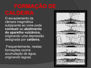FORMAÇÃO DE
CALDEIRA
O esvaziamento da
câmara magmática
subjacente ao cone pode
conduzir ao abatimento
do aparelho vulcânico,
originando uma depressão
designada por caldeira.
Frequentemente, nestas
formações ocorre
acumulação de água,
originando lagoas.
 