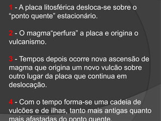 1 - A placa litosférica desloca-se sobre o
“ponto quente” estacionário.
2 - O magma“perfura” a placa e origina o
vulcanismo.
3 - Tempos depois ocorre nova ascensão de
magma que origina um novo vulcão sobre
outro lugar da placa que continua em
deslocação.
4 - Com o tempo forma-se uma cadeia de
vulcões e de ilhas, tanto mais antigas quanto
 