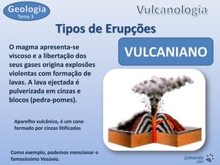 Tema 3

Tipos de Erupções
O magma apresenta-se
viscoso e a libertação dos
seus gases origina explosões
violentas com formação de
lavas. A lava ejectada é
pulverizada em cinzas e
blocos (pedra-pomes).

VULCANIANO

Aparelho vulcânico, é um cone
formado por cinzas litificadas

Como exemplo, podemos mencionar o
famosíssimo Vesúvio.

jcmorais

2007

 
