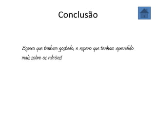 Conclusão


Espero que tenham gostado, e espero que tenham aprendido
mais sobre os vulcões!
 