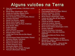 Alguns vulcões na TerraAlguns vulcões na Terra
 Ojos del Salado (Andes, Chile Maior vulcãoOjos del Salado (Andes, Chile Maior vulcão
da Terra)da Terra)
 Monte Baker (Washington, EUA)Monte Baker (Washington, EUA)
 Vulcão de Cold Bay (Alasca, EUA)Vulcão de Cold Bay (Alasca, EUA)
 El Chichon (Chiapas, México)El Chichon (Chiapas, México)
 Pico de Orizaba (Veracruz/Puebla, México)Pico de Orizaba (Veracruz/Puebla, México)
 Cotopaxi (Equador)Cotopaxi (Equador)
 Monte Fuji (Honshu, Japão)Monte Fuji (Honshu, Japão)
 Monte Hood (Oregon, EUA)Monte Hood (Oregon, EUA)
 Monte Erebus (Ilha de Ross, Antártica)Monte Erebus (Ilha de Ross, Antártica)
 Etna (Sicília, Itália)Etna (Sicília, Itália)
 Krafla (Islândia)Krafla (Islândia)
 Hekla (Islândia)Hekla (Islândia)
 Kick-'em-Jenny (Granada)Kick-'em-Jenny (Granada)
 Kilauea (Havai, EUA)Kilauea (Havai, EUA)
 Vulcão das Furnas (Ilha de São Miguel,Vulcão das Furnas (Ilha de São Miguel,
Açores)Açores)
 Klyuchevskaya Sopka (Kamchatka, Rússia)Klyuchevskaya Sopka (Kamchatka, Rússia)
 Krakatoa (Rakata, Indonésia)Krakatoa (Rakata, Indonésia)
 Mauna Kea (Havai, EUA)Mauna Kea (Havai, EUA)
 Mauna Loa (Havai, EUA)Mauna Loa (Havai, EUA)
 El Misti (Arequipa, Peru)El Misti (Arequipa, Peru)
 Novarupta (Alasca, EUA)Novarupta (Alasca, EUA)
 Pico (Ilha do Pico, Açores, Portugal)Pico (Ilha do Pico, Açores, Portugal)
 Paricutín (Michoacán, México)Paricutín (Michoacán, México)
 Monte Pinatubo (Filipinas)Monte Pinatubo (Filipinas)
 Popocatépetl (México-Puebla, México)Popocatépetl (México-Puebla, México)
 Santorini (Santorini, Grécia)Santorini (Santorini, Grécia)
 Soufrière Hills , (Montserrat)Soufrière Hills , (Montserrat)
 Monte Rainier (Washington, EUA)Monte Rainier (Washington, EUA)
 Vulcão do Fogo (Ilha de São Miguel,Vulcão do Fogo (Ilha de São Miguel,
Açores, Portugal)Açores, Portugal)
 Vulcão da Serreta, (Açores)Vulcão da Serreta, (Açores)
 Vulcão da Urzelina, (Açores)Vulcão da Urzelina, (Açores)
 Monte Shasta (Califórnia, EUA)Monte Shasta (Califórnia, EUA)
 Monte Santa Helena (Washington, EUA)Monte Santa Helena (Washington, EUA)
 Surtsey (Islândia)Surtsey (Islândia)
 Tambora (Sumbava, Indonésia)Tambora (Sumbava, Indonésia)
 Teide (Tenerife, Ilhas das Canárias,Teide (Tenerife, Ilhas das Canárias,
Espanha)Espanha)
 White Island (Baía de Plenty, NovaWhite Island (Baía de Plenty, Nova
Zelândia)Zelândia)
 Vesúvio,(Baía de Nápoles, na Itália)Vesúvio,(Baía de Nápoles, na Itália)
 Mendanha - inativo -, Serra do Mendanha,Mendanha - inativo -, Serra do Mendanha,
Rio de Janeiro, Brasil)Rio de Janeiro, Brasil)
 São Domingos - inativo -, Serra de SãoSão Domingos - inativo -, Serra de São
Domingos, Poços de Caldas, BrasilDomingos, Poços de Caldas, Brasil
 