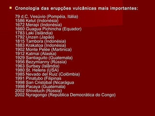  Cronologia das erupções vulcânicas mais importantes:Cronologia das erupções vulcânicas mais importantes:
79 d.C. Vesúvio (Pompéia, Itália)79 d.C. Vesúvio (Pompéia, Itália)
1586 Kelut (Indonésia)1586 Kelut (Indonésia)
1672 Merapi (Indonésia)1672 Merapi (Indonésia)
1660 Guagua Pichincha (Equador)1660 Guagua Pichincha (Equador)
1783 Laki (Islândia)1783 Laki (Islândia)
1792 Unzen (Japão)1792 Unzen (Japão)
1815 Tambora (Indonésia)1815 Tambora (Indonésia)
1883 Krakatoa (Indonésia)1883 Krakatoa (Indonésia)
1902 Monte Pelée (Martinica)1902 Monte Pelée (Martinica)
1912 Katmai (Alaska)1912 Katmai (Alaska)
1929 Santiaguito (Guatemala)1929 Santiaguito (Guatemala)
1956 Bezymianny (Rússia)1956 Bezymianny (Rússia)
1963 Surtsey (Islândia)1963 Surtsey (Islândia)
1980 St. Helens (USA)1980 St. Helens (USA)
1985 Nevado del Ruiz (Colômbia)1985 Nevado del Ruiz (Colômbia)
1991 Pinatubo (Filipinas1991 Pinatubo (Filipinas
1998 San Cristobal (Nicarágua1998 San Cristobal (Nicarágua
1998 Pacaya (Guatemala)1998 Pacaya (Guatemala)
2002 Shiveluch (Rússia)2002 Shiveluch (Rússia)
2002 Nyragongo (República Democrática do Congo)2002 Nyragongo (República Democrática do Congo)
 