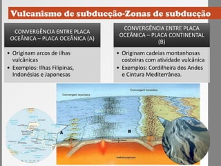 CONVERGÊNCIA ENTRE PLACA
OCEÂNICA – PLACA OCEÂNICA (A)
• Originam arcos de ilhas
vulcânicas
• Exemplos: Ilhas Filipinas,
Indonésias e Japonesas
CONVERGÊNCIA ENTRE PLACA
OCEÂNICA – PLACA CONTINENTAL
(B)
• Originam cadeias montanhosas
costeiras com atividade vulcânica
• Exemplos: Cordilheira dos Andes
e Cintura Mediterrânea.
 