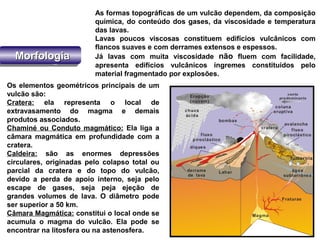 MorfologiaMorfologiaMorfologiaMorfologia
Os elementos geométricos principais de um
vulcão são:
Cratera: ela representa o local de
extravasamento do magma e demais
produtos associados.
Chaminé ou Conduto magmático: Ela liga a
câmara magmática em profundidade com a
cratera.
Caldeira: são as enormes depressões
circulares, originadas pelo colapso total ou
parcial da cratera e do topo do vulcão,
devido a perda de apoio interno, seja pelo
escape de gases, seja peja ejeção de
grandes volumes de lava. O diâmetro pode
ser superior a 50 km.
Câmara Magmática: constitui o local onde se
acumula o magma do vulcão. Ela pode se
encontrar na litosfera ou na astenosfera.
As formas topográficas de um vulcão dependem, da composição
química, do conteúdo dos gases, da viscosidade e temperatura
das lavas.
Lavas poucos viscosas constituem edifícios vulcânicos com
flancos suaves e com derrames extensos e espessos.
Já lavas com muita viscosidade não fluem com facilidade,
apresenta edifícios vulcânicos íngremes constituídos pelo
material fragmentado por explosões.
 