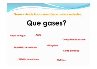 Gases – desde fracas emissões a nuvens ardentes...


                Que gases?
Vapor de água         Azoto

             ...