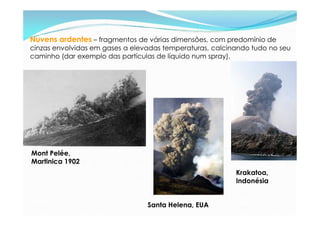 Nuvens ardentes – fragmentos de várias dimensões, com predomínio de
cinzas envolvidas em gases a elevadas temperaturas, calcinando tudo no seu
caminho (dar exemplo das partículas de líquido num spray).




Mont Pelée,
Martinica 1902
                                                          Krakatoa,
                                                          Indonésia


                                 Santa Helena, EUA
 