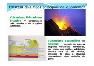 Existem dois tipos principais de vulcanismo:

Vulcanismo Primário ou
Eruptivo – carateriza-se
pela ocorrência de erupções
...