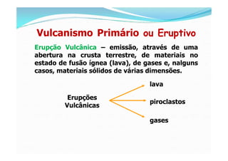 Vulcanismo Primário ou Eruptivo
Erupção Vulcânica – emissão, através de uma
abertura na crusta terrestre, de materiais no
estado de fusão ígnea (lava), de gases e, nalguns
casos, materiais sólidos de várias dimensões.

                                  lava

          Erupções
                                  piroclastos
         Vulcânicas

                                  gases
 