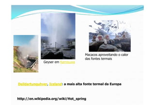 Macacos aproveitando o calor
                                       das fontes termais
               Geyser em Kamisuwa




Deildartunguhver, Iceland: a mais alta fonte termal da Europa



http://en.wikipedia.org/wiki/Hot_spring
 