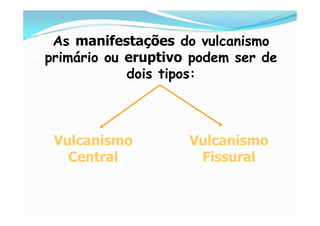 As manifestações do vulcanismo
primário ou eruptivo podem ser de
            dois tipos:



 Vulcanismo         Vulcanismo...