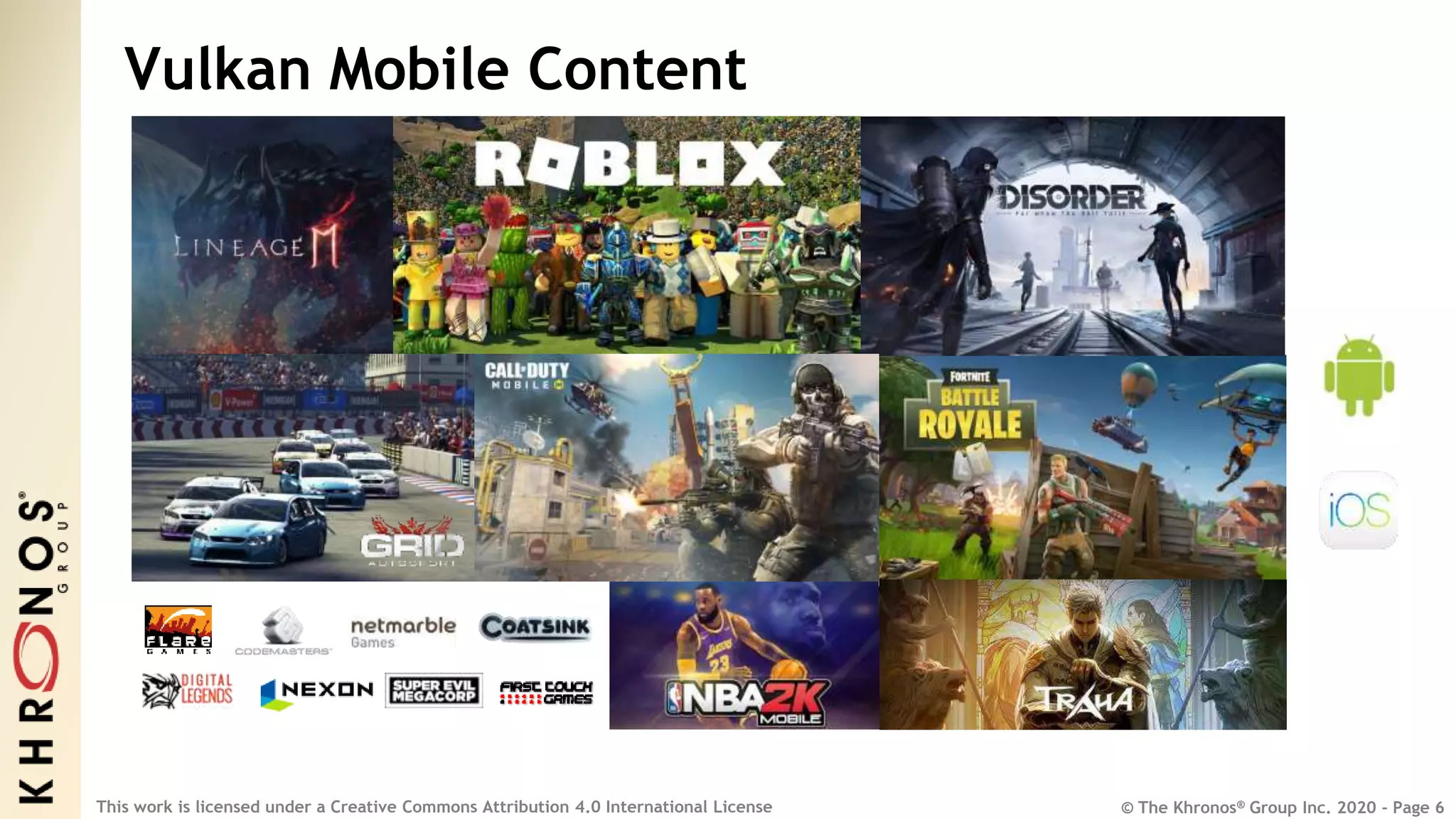 © The Khronos® Group Inc. 2020 - Page 6
This work is licensed under a Creative Commons Attribution 4.0 International License
Vulkan Mobile Content
 
