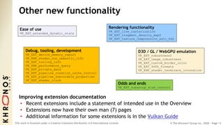 © The Khronos® Group Inc. 2020 - Page 11
This work is licensed under a Creative Commons Attribution 4.0 International License
Other new functionality
Improving extension documentation
• Recent extensions include a statement of intended use in the Overview
• Extensions now have their own man (7) pages
• Additional information for some extensions is in the Vulkan Guide
D3D / GL / WebGPU emulation
VK_EXT_robustness2
VK_EXT_image_robustness
VK_EXT_custom_border_color
VK_EXT_4444_formats
VK_KHR_shader_terminate_invocation
Debug, tooling, development
VK_EXT_device_memory_report
VK_KHR_shader_non_semantic_info
VK_EXT_tooling_info
VK_KHR_performance_query
VK_EXT_private_data
VK_EXT_pipeline_creation_cache_control
VK_EXT_pipeline_executable_properties
VK_EXT_shader_clock
Odds and ends
VK_EXT_subgroup_size_control
Rendering functionality
VK_EXT_line_rasterization
VK_EXT_fragment_density_map2
VK_EXT_texture_compression_astc_hdr
Ease of use
VK_EXT_extended_dynamic_state
 