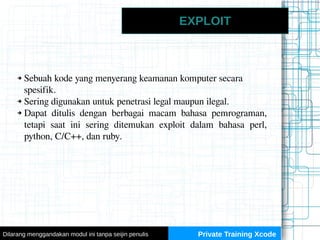 EXPLOIT
➔ Sebuah kode yang menyerang keamanan komputer secara
spesifik.
➔ Sering digunakan untuk penetrasi legal maupun il...