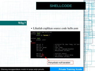 SHELLCODE
Why?
● Lihatlah cuplikan source code hello.asm
Penyebab null karakter
Private Training XcodeDilarang menggandaka...