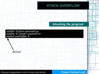 Attacking the program
STACK OVERFLOW
Private Training XcodeDilarang menggandakan modul ini tanpa seijin penulis
root@bt:~$...