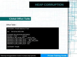 HEAP CORRUPTION
Private Training XcodeDilarang menggandakan modul ini tanpa seijin penulis
Global Offset Table
Offset Tabl...