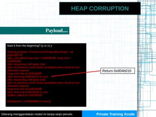 HEAP CORRUPTION
Payload....
Private Training XcodeDilarang menggandakan modul ini tanpa seijin penulis
Start it from the b...