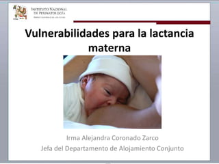 Vulnerabilidades para la lactancia
materna
Irma Alejandra Coronado Zarco
Jefa del Departamento de Alojamiento Conjunto
 